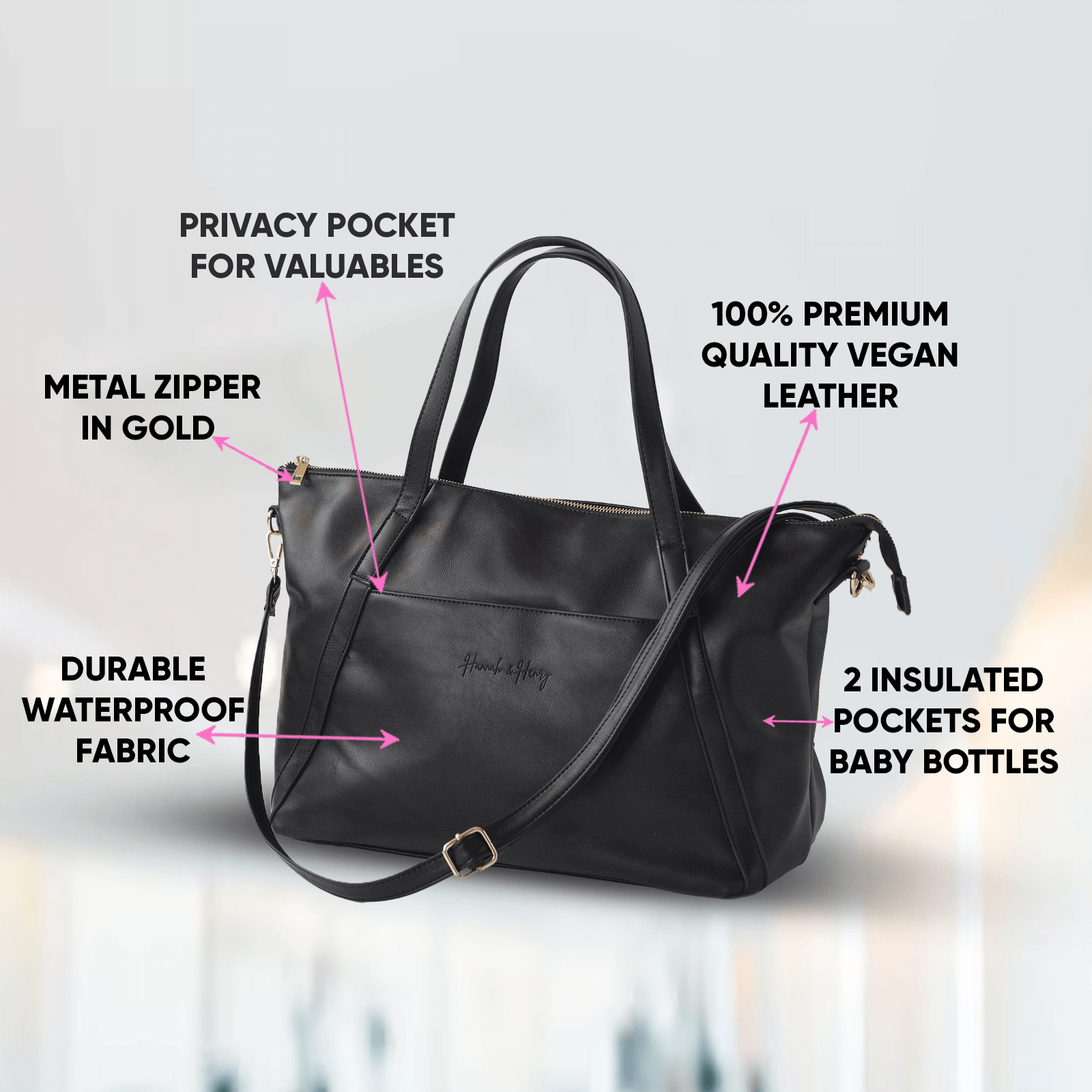 Catherine Diaper Tote Black - Diaper Bag by Hannah and Henry USA