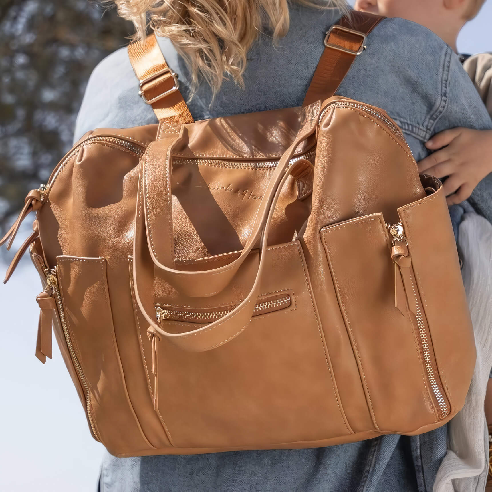 designer leather diaper bag backpack Tan